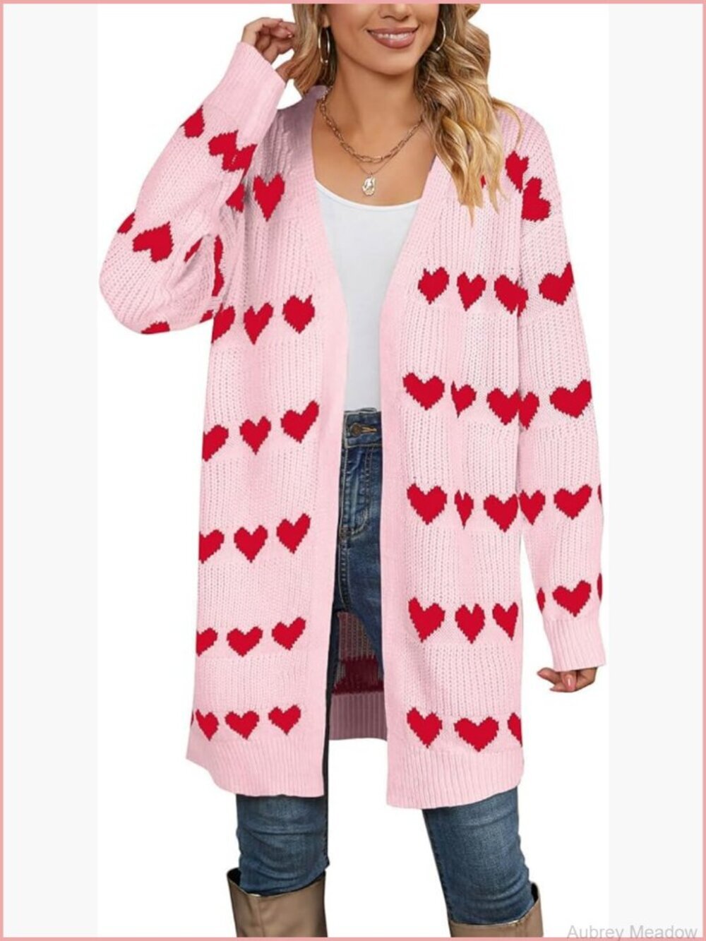 Long Sleeve Open Front Knit Cardigan with Heart Pattern